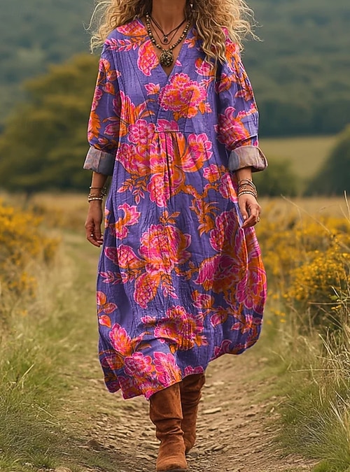 Women's Midi Dress Shift Dress Casual Daily Going out Loose Fit Floral Graphic Long Sleeve V Neck Pink Purple Green Fall Winter 2026 - $37.99 Women's Midi Dress Shift Dress Casual Daily Going out Loose Fit Floral Graphic Long Sleeve V Neck Pink Purple Green Fall Winter 2026 - $37.99