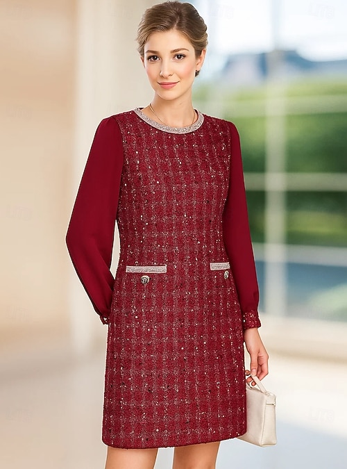 Sheath Column Knee Length Party Dress Cocktail Dress Wedding Guest Dress  Mother of the Bride Dress Long Sleeve Crew Neck Elegant Vintage Party  Cotton Blend with Color Block 2026 - 146.99
