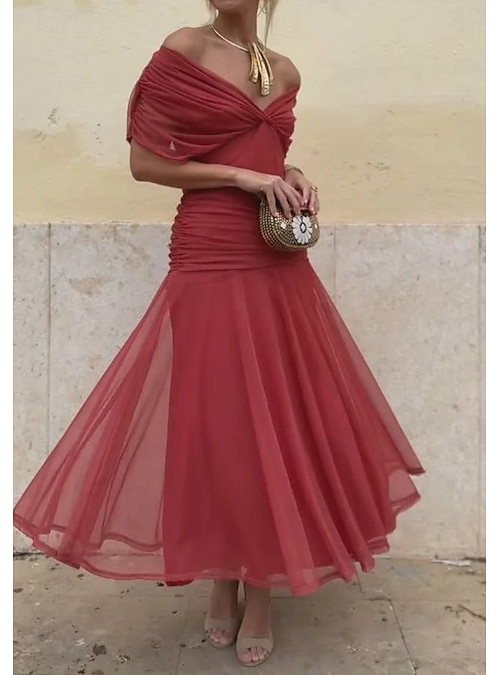 open lace back dress Dark Red V Neck A-line Tulle Long Evening Prom Dresses, Evening Party –  SposaDresses main image 0