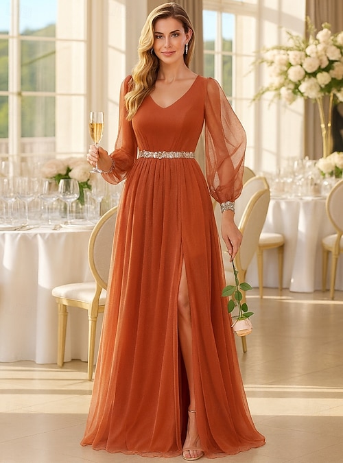 A-Line Floor Length Formal Dresses Evening Gown Mother of the Bride Dress  Long Sleeve V Neck Elegant Vintage Party Formal with Pleats Split Front  2026 - NZ $133.39