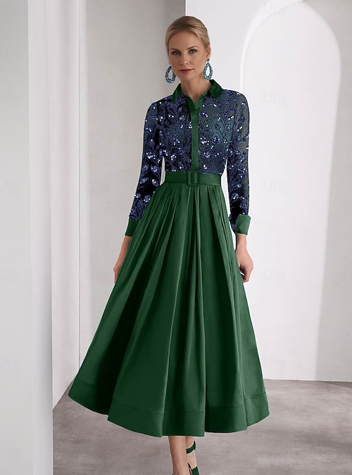 A-Line Ankle Length Beaded Eembroidered Shirt Dress Party Dress Mother of  the Bride Dress Long Sleeve Shirt Collar High Neck Elegant Sparkle High  Split Formal Wedding Guest Satin with Glitter Slit 2026 -