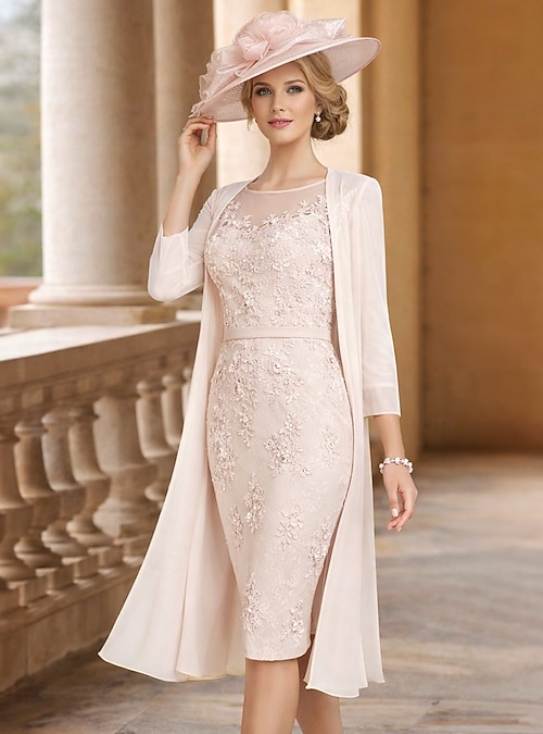 Two Piece Sheath Column Knee Length Wedding Guest Dress Mother of the Bride  Dress 3/4 Length Sleeve Bateau Neck Elegant Vintage Plus Size Wedding Guest  Church Chiffon Lace Jacket Dresses with 2026 -