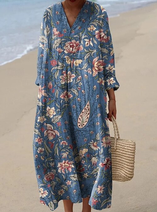 Women's Maxi Dress Shift Dress Casual Daily Going out Loose Fit Floral  Graphic Long Sleeve V Neck Blue Red Beige Summer Spring 2026 - 46.99