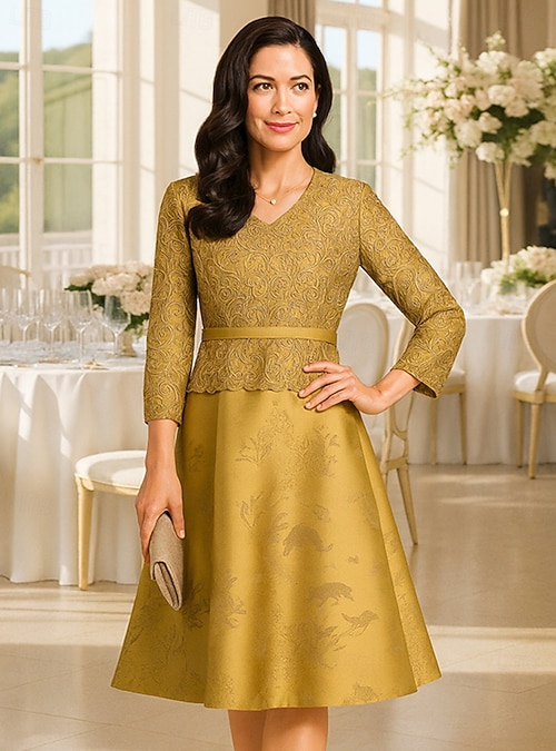 A-Line Knee Length Formal Dresses Evening Gown Mother of the Bride Dress  Long Sleeve V Neck Elegant Vintage Luxurious Formal with Flower 2026 -  $178.99