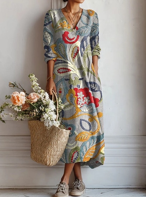Women's Maxi Dress Linen Like Breathable Lightweight Sundress Shift Dress  Casual Party Holiday Regular Fit Floral Long Sleeve V Neck White Pink Brown  Gray Summer Spring 2026 - $52.99