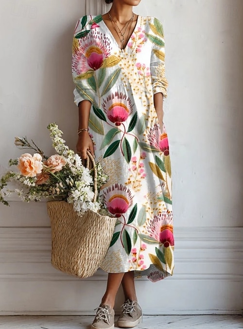 Women's Maxi Dress Linen Like Breathable Lightweight Sundress Shift Dress  Casual Party Holiday Regular Fit Floral Long Sleeve V Neck White Pink Brown  Gray Summer Spring 2026 - $52.99
