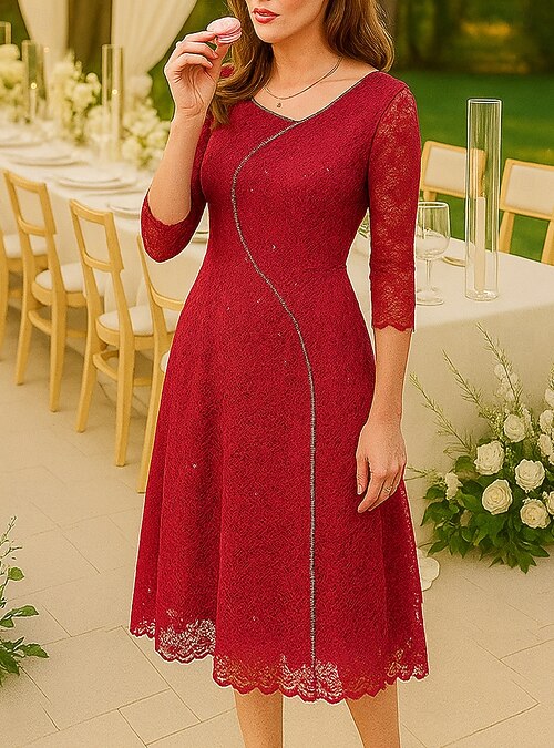 A-Line Sheath Column Tea Length Knee Length Lace Dress Prom Dress Party  Dress Mother of the Bride Dress 3/4 Length Sleeve V Neck Scoop Neck Elegant  Vintage Party Lace with Lace Beading
