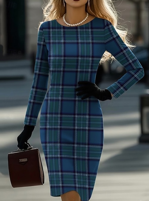 Women's Mini Dress T Shirt Dress Tee Dress Casual Semi Formal Daily Office  Regular Fit Geometric Houndstooth Long Sleeve Crew Neck Blue Dark Brown  Pink Red Spring Fall Winter 2026 - 24.99