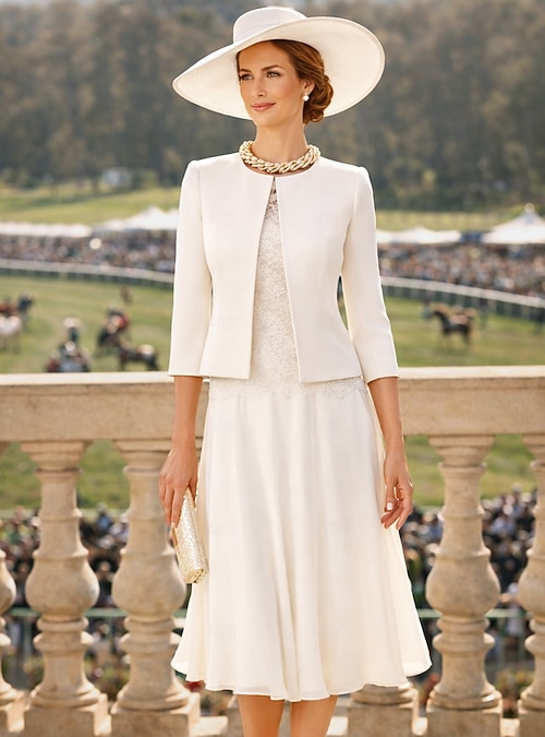 white christmas dresses Knee Length Long Sleeves Chiffon Wholesale Wedding Guest Dresses main image 0
