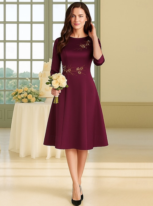 A-Line Knee Length Prom Dress Party Dress Cocktail Dress Mother of the Bride  Dress 3/4 Length Sleeve Crew Neck Elegant Vintage Party with Embroidery  2026 - $137.99