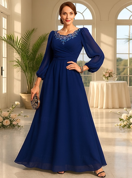 A-Line Floor Length Prom Dress Party Dress Evening Gown Mother of the Bride  Dress Long Sleeve V Neck Elegant Vintage Party with Lace Beading Embroidery  2026 - $76.99