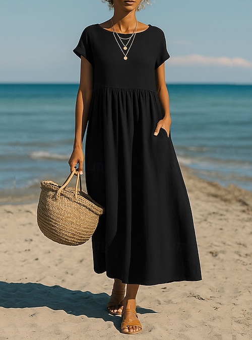 Women's Maxi Dress A Line Dress Vacation Casual Boho Daily Loose Fit Plain  Short Sleeve Crew Neck Blue Black White Light Green Summer Spring Fall 2026  - $24.99