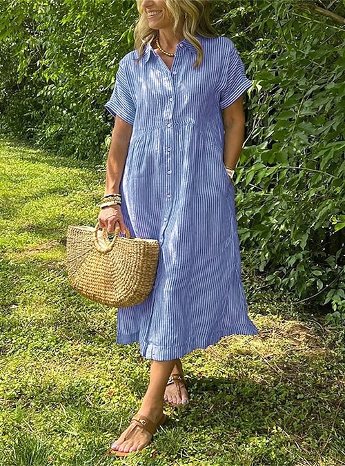 Women's Midi Dress Cotton Linen Dresses Shirt Dress White Dress Elegant  Dress Elegant Vintage Fashion Daily Outdoor Vacation Loose Fit Plain  Striped Short Sleeve Shirt Collar Blue White Red Purple 2026 - 30.99