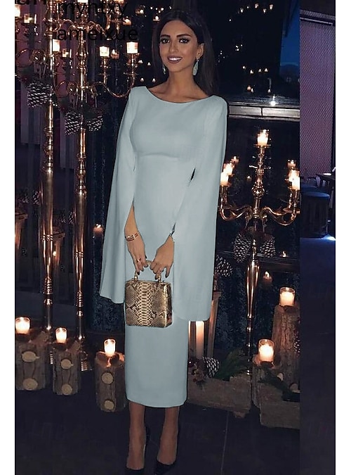 Sheath Column Tea Length Cocktail Dresses Party Dresses Elegant Party  Little White Dresses Long Sleeve Jewel Neck Wedding Guest Holiday Fall  Wedding Guest Jersey Backless with Sleek Pure Color 2026 - $131.99