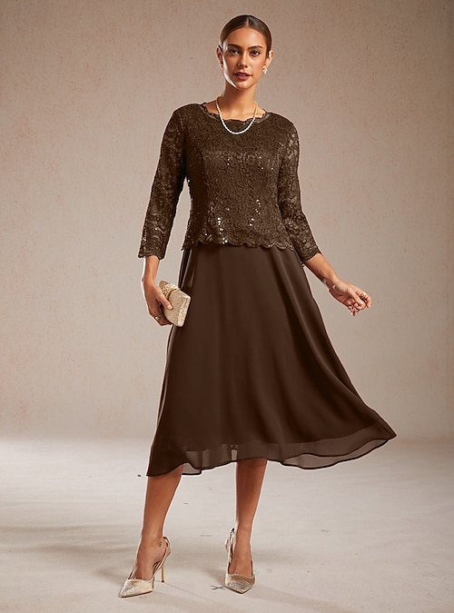 Women's Midi Dress Chiffon Dress A Line Dress Elegant Wedding Guest  Cocktail Party Lace up Sequins Regular Fit Solid Color 3/4 Length Sleeve  Crew Neck Coffee 2026 - $184.99
