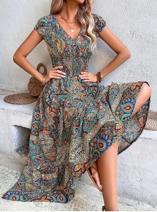 Women's Maxi Dress Casual Dress Swing Dress A Line Dress Boho Dress Bohemia  Ethnic Casual Daily Regular Fit Paisley Short Sleeve V Neck Blue Summer  Spring 2026 - NZ $60.49