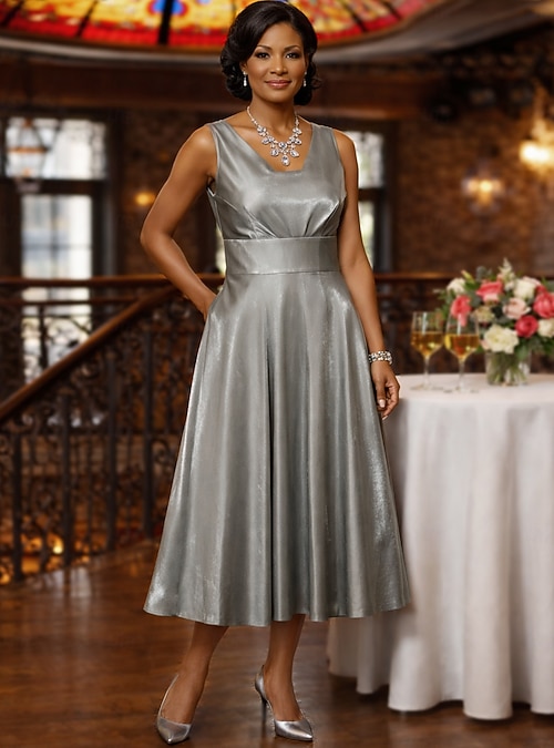 Two Piece A-Line Tea Length Wedding Guest Dress Mother of the Bride Dress 3 4 Length Sleeve Square Neck Elegant Vintage Plus Size Wedding Guest Jacket