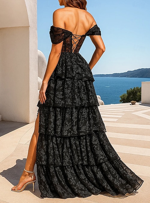 A-Line Floor Length Black Dress Prom Dress Party Dress Quinceanera Dresses  Elegant Party Short Sleeve Off Shoulder Evening Party Wedding with Lace  Pleats Slit 2026 - $178.99