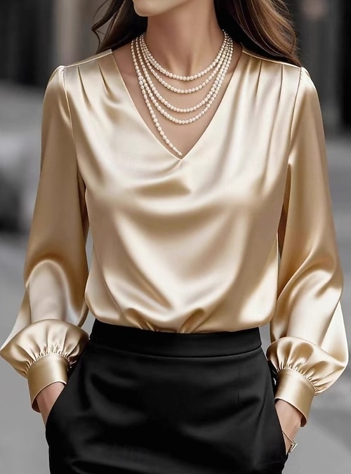 Women's Satin Shirt Dress Shirt Blouse Elegant Fashion Work Long Sleeve  Bishop Sleeve V Neck Daily Outdoor Work Black White Wine Beige Spring Fall  2026