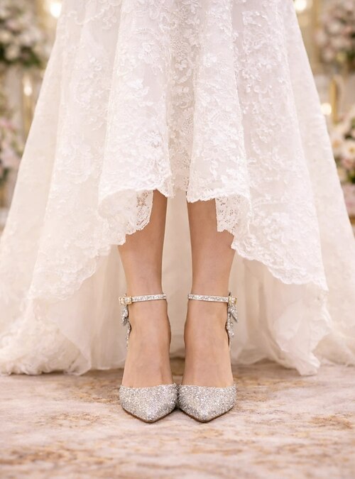 silver shoes with white wedding dress 15 Stunning Silver Wedding Shoe Ideas to Add a Glamorous Touch to Your