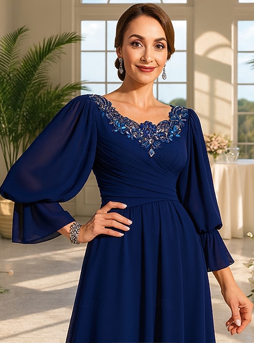 A-Line Floor Length Prom Dress Party Dress Evening Gown Mother of the Bride  Dress Long Sleeve V Neck Elegant Vintage Party with Lace Beading Embroidery  2026 - $80.99