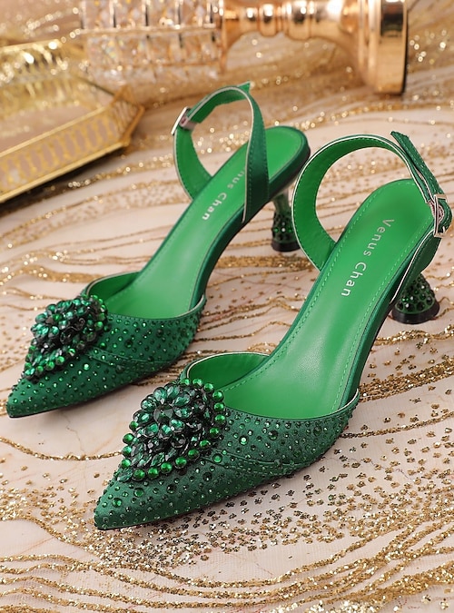 Women's Green Rhinestone Slingback Heels, Elegant Pointed-Toe Dress Shoes for St. Patrick's Day Party Women's Green Rhinestone Slingback Heels, Elegant Pointed-Toe Dress Shoes for St. Patrick's Day Party
