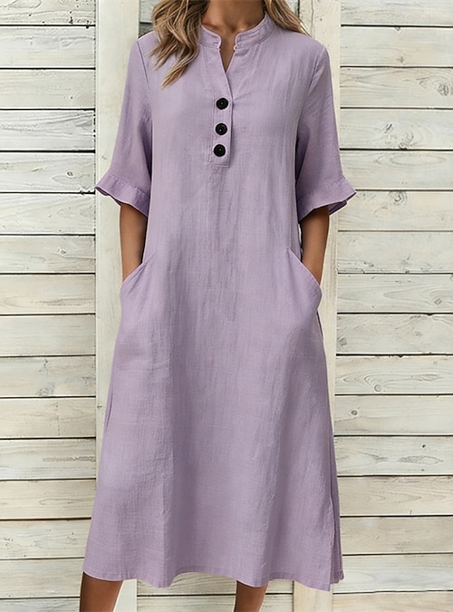 Women's Midi Dress Cotton Linen Dresses Shift Dress Black Dress Elegant Dress Elegant Vintage Fashion Daily Outdoor Vacation Loose Fit Plain Long Sleeve Stand Collar Blue Black Purple Orange Summer 2026 - $23.99 Women's Midi Dress Cotton Linen Dresses Shift Dress Black Dress Elegant Dress Elegant Vintage Fashion Daily Outdoor Vacation Loose Fit Plain Long Sleeve Stand Collar Blue Black Purple Orange Summer 2026 - $23.99