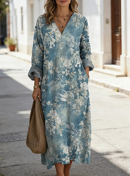 Women's Midi Dress Shift Dress Casual Daily Going out Loose Fit Floral  Graphic Long Sleeve V Neck Blue Red Orange Summer Spring 2026 - $38.99