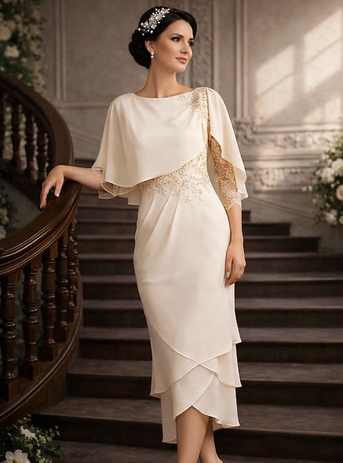 petite formal dress for wedding guest A-Line Mother of the Bride Dress Wedding Guest Elegant Petite Jewel Neck Knee Length Chiffon Lace 3/4 Length Sleeve with Pleats Sequin