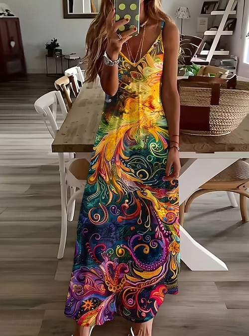 boho graffiti dress ROAONOCOMO Women Boho Graffiti Cami Long Dress Graphic Spaghetti Strap Flowy Swing Maxi Dress Colorful A Line Sundress at Amazon Women's Clothing store
