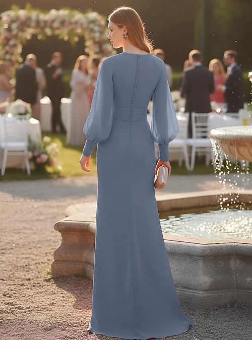 A-Line Sheath Column Sweep Brush Train Wedding Guest Dress Chiffon Dress  Formal Dresses Mother of the Bride Dress Long Sleeve V Neck Elegant Vintage  Simple Formal Chiffon with Sash / Ribbon Ruffles
