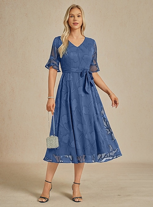 Women's Midi Dress Chiffon Dress Elegant Lace Flutter Sleeve Wedding Guest  Daily Date Floral Half Sleeve V Neck Wedgewood Spring 2026 - $103.99