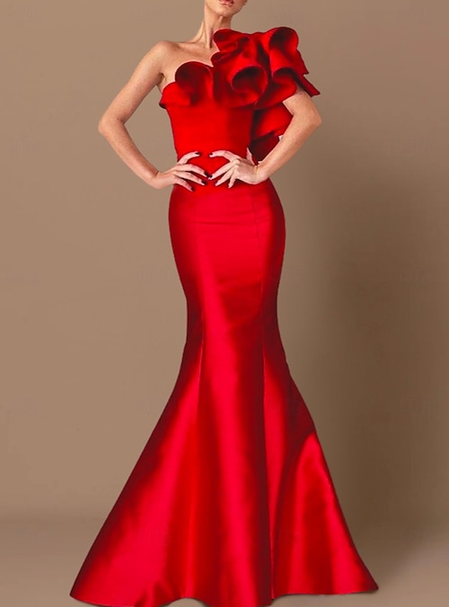 Mermaid Trumpet Floor Length Prom Dresses Evening Gown Ball Gown Formal  Dress Corsets Sexy Sleeveless One Shoulder Formal Wedding Guest Taffeta  with Ruffles Shouder Flower 2026 - AU $279.39