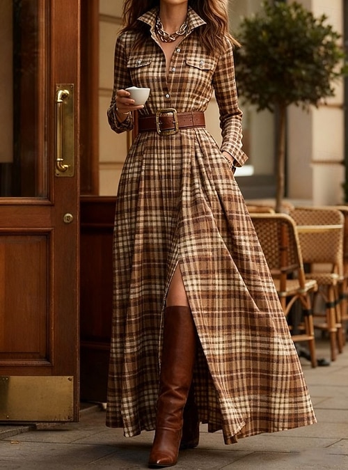 Women's Maxi Dress Shift Dress Vacation Casual Boho Daily Regular Fit Plaid  Long Sleeve Shirt Collar Blue Red Orange Green Spring Fall Winter 2026