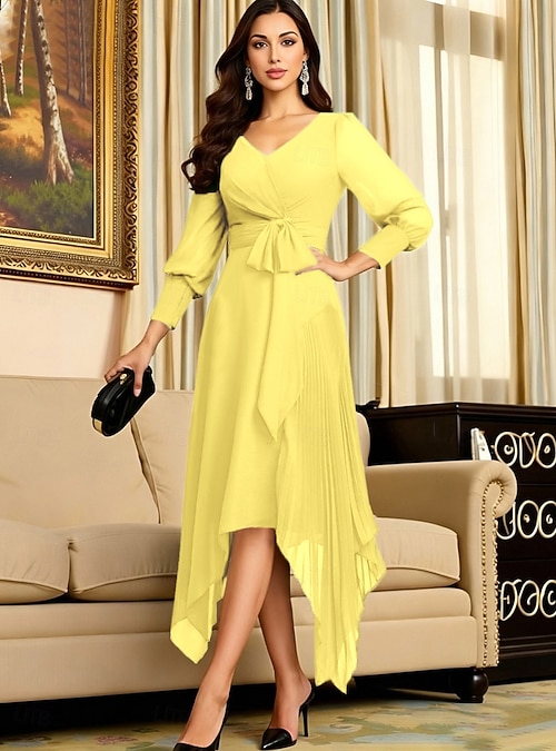 A-Line Asymmetrical Tea Length Party Dress Cocktail Dress Wedding Guest  Dress Mother of the Bride Dress Long Sleeve V Neck Elegant Minimalist Formal  Wedding Guest Chiffon with Bow(s) Side-Draped 2026 - kr.1589