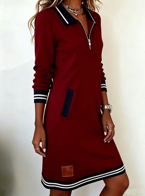 Women's Knee Length Dress Shift Dress Casual Street Holiday Regular Fit Plain Long Sleeve Crew Neck Blue White Red Khaki Spring Fall