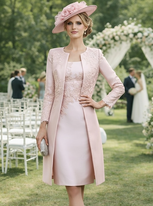 Two Piece Sheath Column Knee Length Wedding Guest Dress Mother of the Bride  Dress Sleeveless Scoop Neck Elegant Plus Size Wedding Guest Church Satin  Lace Wrap Included Jacket Dresses with Appliques 2026 -