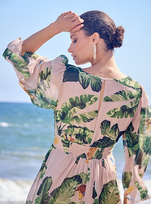 Chiffon Botanical Print Flowy Maxi Dress Vacation Chiffon Botanical Print Flowy Maxi Dress Vacation