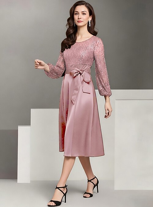A-Line Knee Length Satin Dress Black Dress Party Dress Mother of the Bride Dress Long Sleeve Crew Neck Scoop Neck Elegant Vintage Black Dress Formal