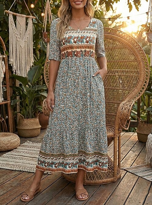 womens casual swing dress WTOBBY Women Casual Loose Bohemian Floral Short Sleeve Long Maxi Summer Beach Swing Dress for Outdoor Activities and Relaxed Style,Blue XL