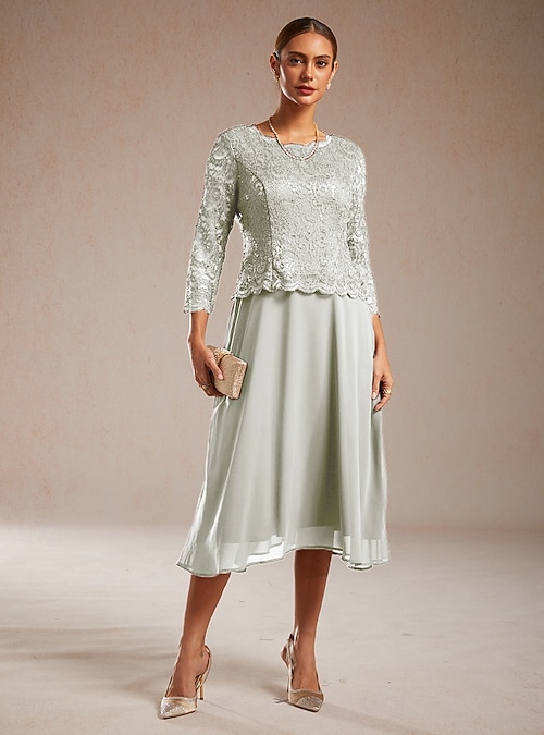 Women's Midi Dress Chiffon Dress A Line Dress Lace Sequins Elegant Wedding  Guest Daily Solid Color 3/4 Length Sleeve Crew Neck Mint Green Spring 2026  - GBP 98.99