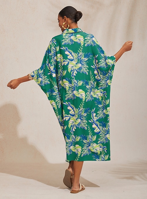 Leaf Print Shirt Short Sleeve Midi Chiffon Dress