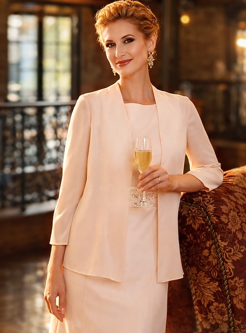 Two Piece Sheath Column Tea Length Wedding Guest Dress Mother of