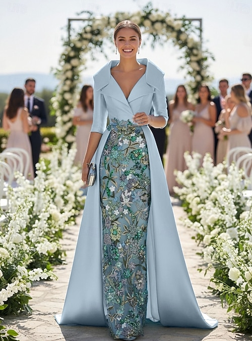 A-Line Sheath Column Floor Length Beaded Eembroidered Wedding Guest Dress  Formal Dresses Mother of the Bride Dress 3/4 Length Sleeve V Neck Shirt  Collar Elegant Vintage Luxurious Formal Satin with 2026 - $218.49