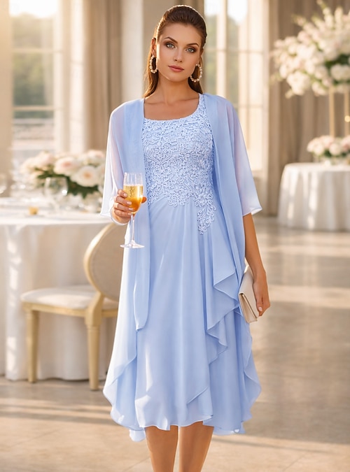 sachin and babi light blue dress A-Line V-Neck Knee-Length Chiffon Bridesmaid Dress With Cascading Ruffles