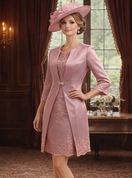 Sheath Column Knee Length Wedding Guest Dress Mother of the Bride Dress 3/4  Length Sleeve Jewel Neck Vintage Plus Size Wedding Guest Satin Lace Jacket  Dresses with Appliques 2026 - 201.99