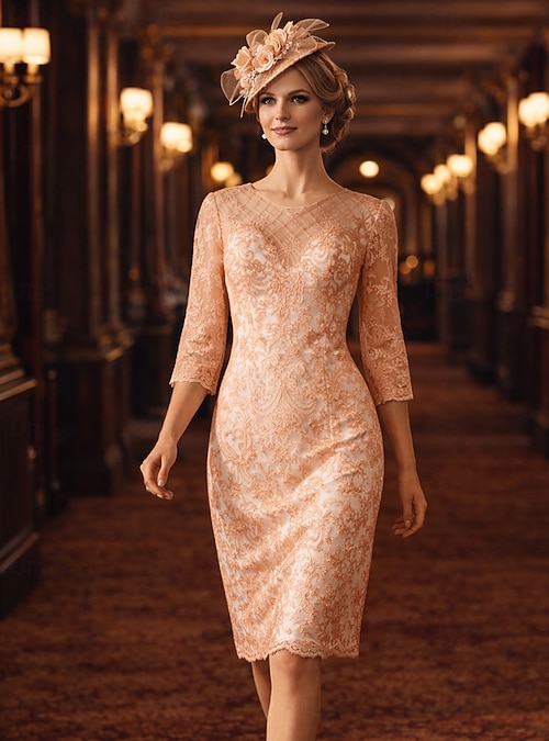 peach lace dress for wedding guest Peach V-Neck Spaghetti Straps Sleeveless Wedding Guest Dress