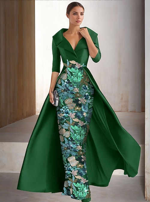 Sheath Column Floor Length Beaded Eembroidered Formal Dresses Mother of the Bride Dress Evening Gown Ball Gown with Overskirt Formal Dress Elegant Vintage Glittering Half Sleeve Lapel Wedding Formal 2026 - NZ $369.99 Sheath Column Floor Length Beaded Eembroidered Formal Dresses Mother of the Bride Dress Evening Gown Ball Gown with Overskirt Formal Dress Elegant Vintage Glittering Half Sleeve Lapel Wedding Formal 2026 - NZ $369.99