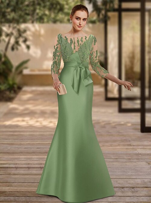 Mermaid Trumpet Floor Length Wedding Guest Dress Formal Dresses Evening Gown  Mother of the Bride Dress 3/4 Length Sleeve Illusion Neck Elegant Silky  Christmas Formal Satin with Appliques 2026 - $218.49