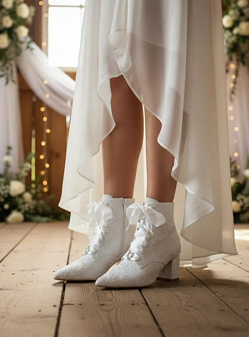 Ivory Lace Bridal Ankle Boots  Satin Lace-Up Block Heel Wedding Booties  for Rustic or Boho Weddings 2026 - $79.99